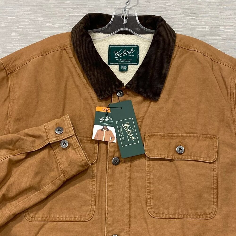 Woolrich Chore Jacket Mens 2XL Brown Canvas Sherpa Lined Corduroy Collar Barn